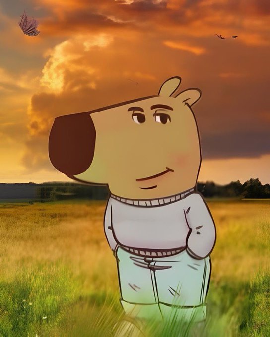 An animated cartoon character resembling a dog with a large snout, wearing a white sweater and light blue pants, stands in a grassy field against a dramatic sunset sky with a single falling leaf.