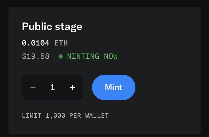 The image shows a "Public stage" minting interface with a price of "0.0104 ETH" ($19.58), featuring a "Mint" button and a "LIMIT 1,000 PER WALLET" notice. This directly illustrates the last step of the satirical process described—the "public 0.01e for 1k items per wallet" phase—visually confirming that the artist ultimately turned a "free" mint into a paid one capped at 1,000 NFTs per wallet.