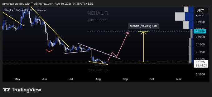 The image displays a TradingView candlestick chart of the Stacks/TetherUS (STXUSDT) trading pair on Binance, showing a descending trendline that compresses recent price action around the $0.1325 support level before projecting an upward breakout toward $0.2169 (a potential +60.98% move). The chart, created by nehalzzz on August 10, 2026, includes annotations of "$NEHAL.FI" and a yellow upward arrow illustrating the projected bullish breakout scenario outlined in the post.