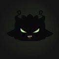 A dark, stylized character illustration with glowing green eyes, sharp teeth, and curled horns or tendrils on its head, set against a dark gradient background.