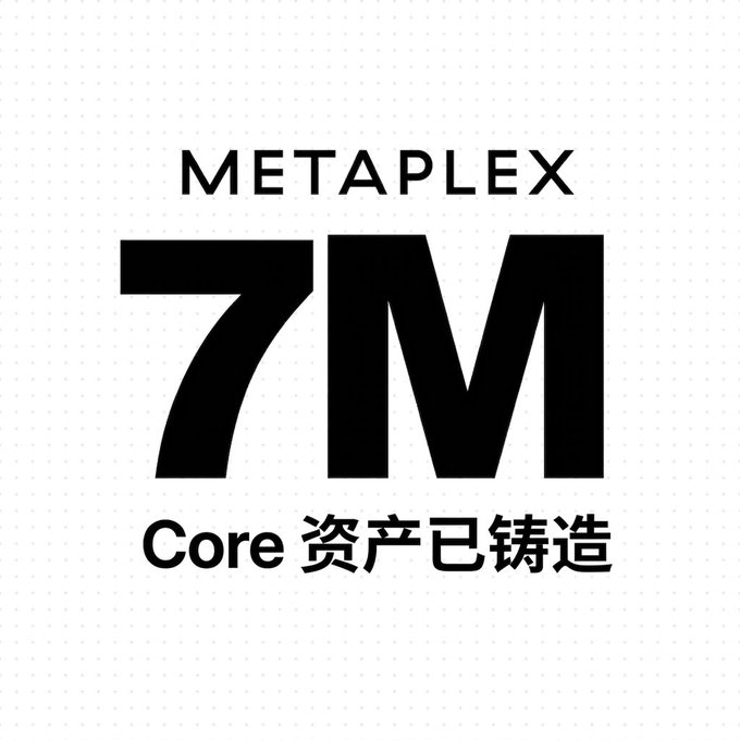 Logo graphic reading 'METAPLEX 7M' with 'Core 资产已铸造' below.