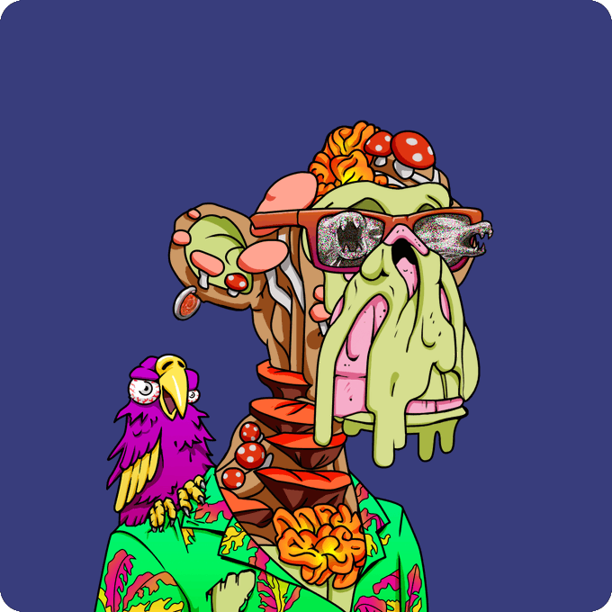 A grotesque, cartoonish mutant character with melting green flesh, exposed brain matter, and bloodshot eyes wears pink sunglasses, standing beside a small pink and yellow bird perched on its shoulder against a dark blue background. The artwork corresponds to "Mutant #3408" from the Mutant Ape Yacht Club NFT collection, purchased for 1.22 ETH, fitting the post's theme of bizarre and "insane" mutant character art.