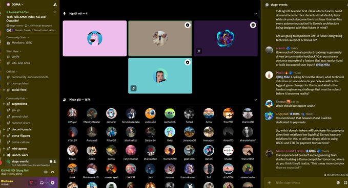 A screenshot of the DOMA Web3 community Discord server showing video call participants in grid view, with various chat channels and member lists visible.
