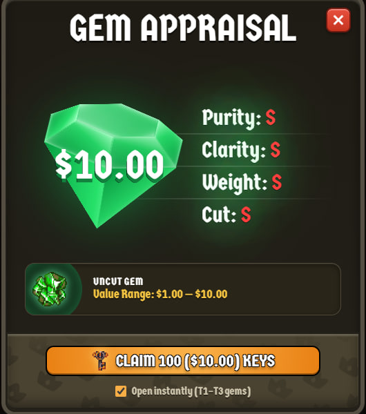 A "Gem Appraisal" screen displays a green gemstone valued at $10.00 with perfect S rankings in Purity, Clarity, Weight, and Cut, offering a player the option to claim 100 keys for the uncut gem. The image directly illustrates the post's excitement about appraising a perfect T1 gem in the game Cambria.