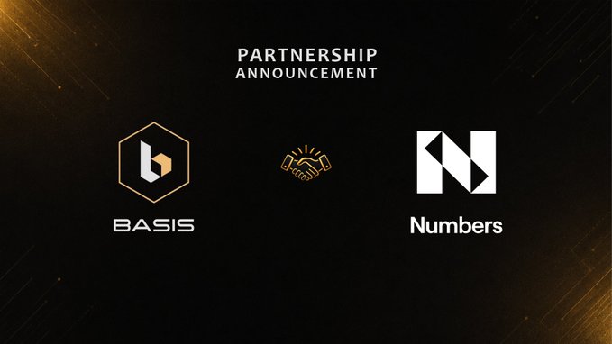 A sleek black partnership announcement graphic featuring the BASIS and Numbers logos with a handshake icon between them, under the heading "PARTNERSHIP ANNOUNCEMENT," visually reinforcing the BASIS-Numbers Protocol collaboration to explore on-chain finance, AI, RWA, and DePIN opportunities.