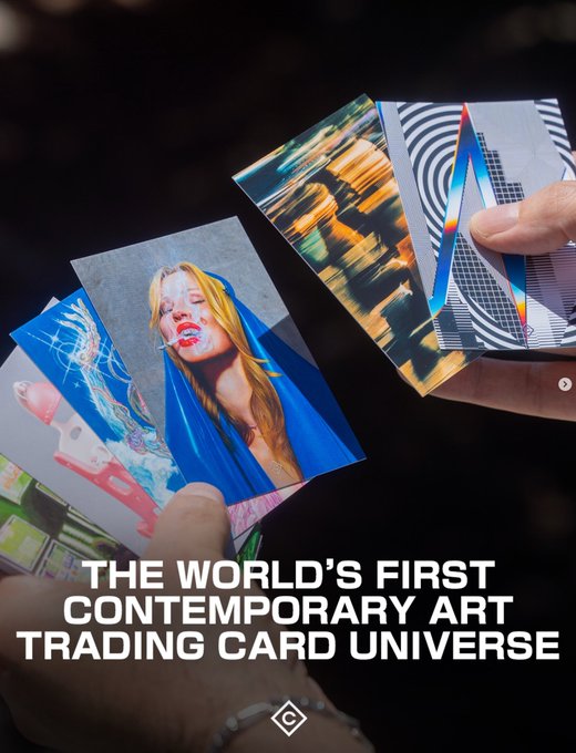An advertisement for 'THE WORLD'S FIRST CONTEMPORARY ART TRADING CARD UNIVERSE' showing hands holding colorful artistic trading cards featuring avant-garde imagery including a woman with red lipstick.