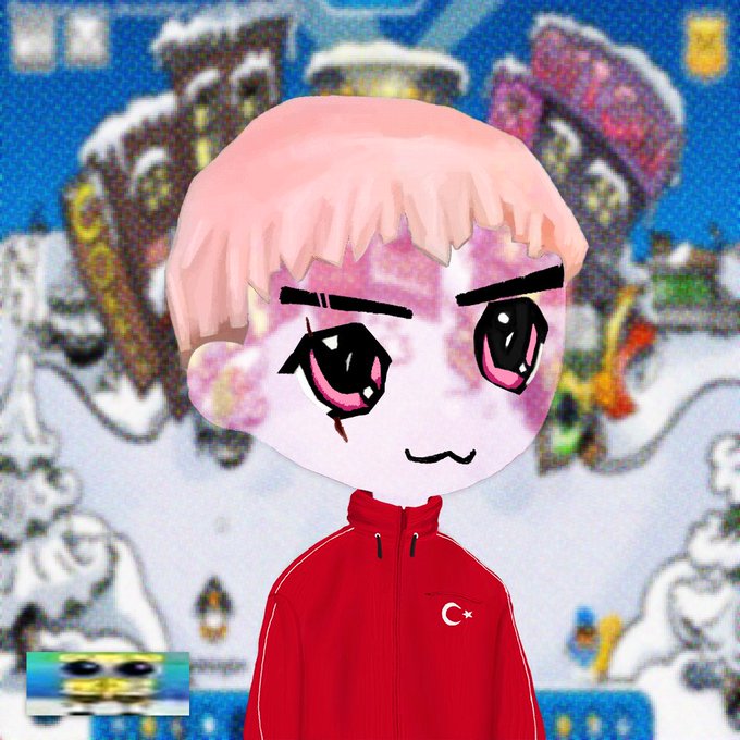 An anime-style character with pink hair, large pink eyes, and a red jacket with a Turkish crescent and star emblem stands before a winter village background with a small Pepe the Frog image in the corner.