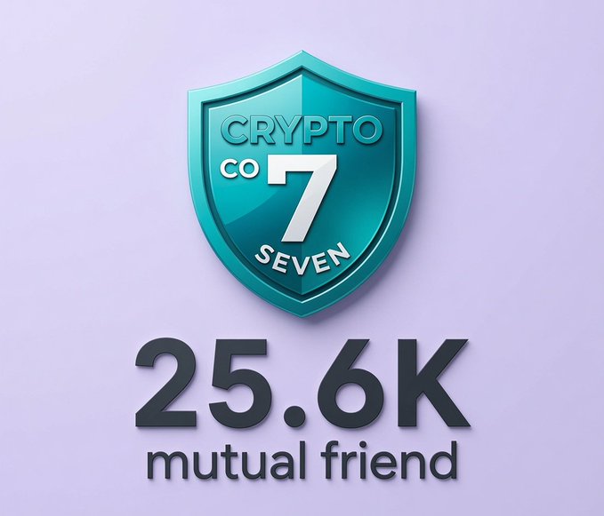 A teal shield logo on a lavender background reads 'CRYPTO CO 7 SEVEN' with '25.6K mutual friend' displayed below.