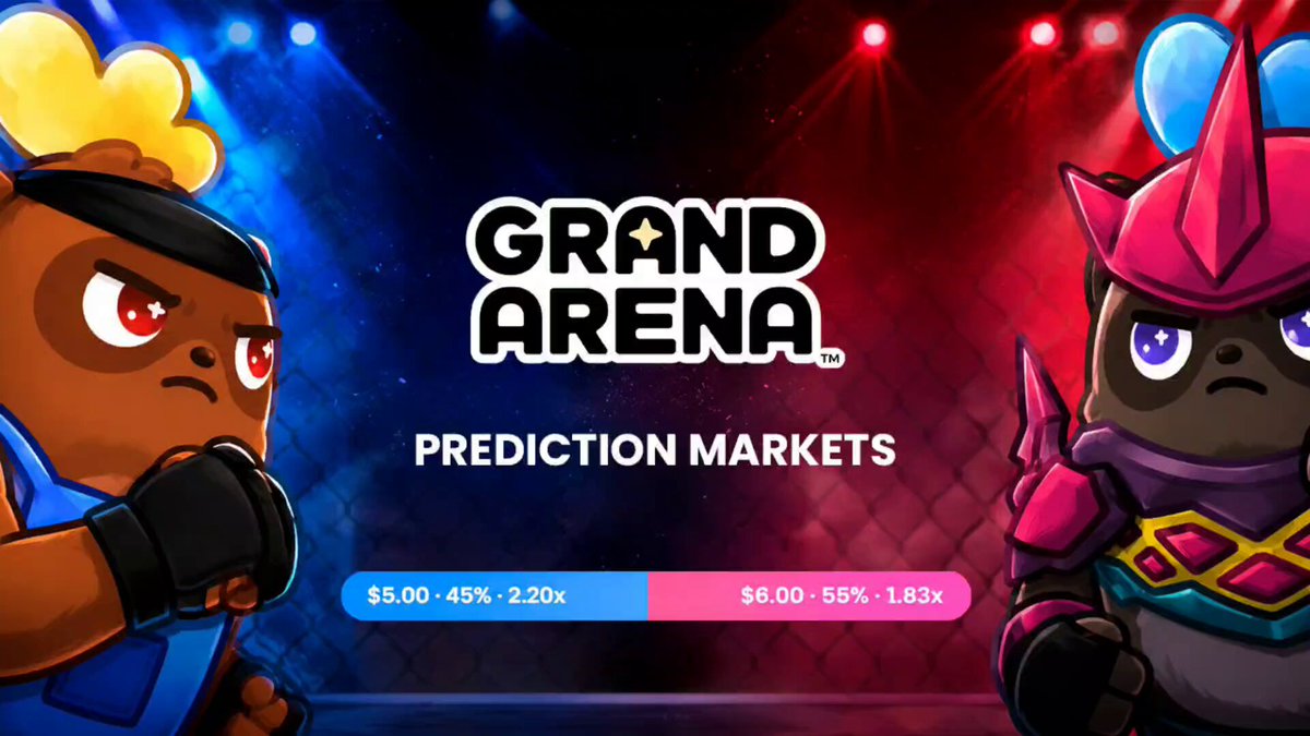 The image features a poster for a video game called Grand Arena, which has two cartoon characters standing next to each other with their arms crossed. The background of the poster is dark blue, while the foreground displays the text "Moki prediction markets bring back this energy to Grand Arena." This suggests that the game incorporates elements from the real world, such as predicting market trends and using them in a virtual environment.
