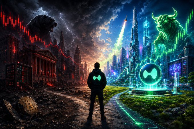 A lone figure stands at the crossroads between a crumbling, stormy bear market on one side and a thriving, neon-lit bull market on the other, visually representing the contrast between Bitcoin's struggles and Hyperliquid ($HYPE) record growth, including its $61.7B HIP-3 volume and $135M token buybacks highlighted in the post.