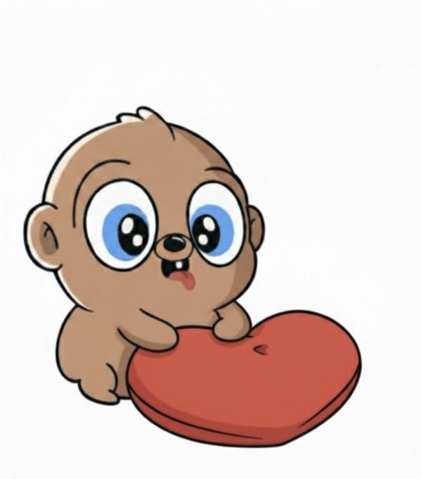 A cute cartoon illustration of a chubby brown baby character with big blue eyes and two little teeth, happily hugging a large red heart.