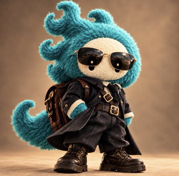 A whimsical figure of a blue-haired, blue-bodied character wearing sunglasses, a black coat with buckle details, combat boots, and a backpack, standing against a neutral background.