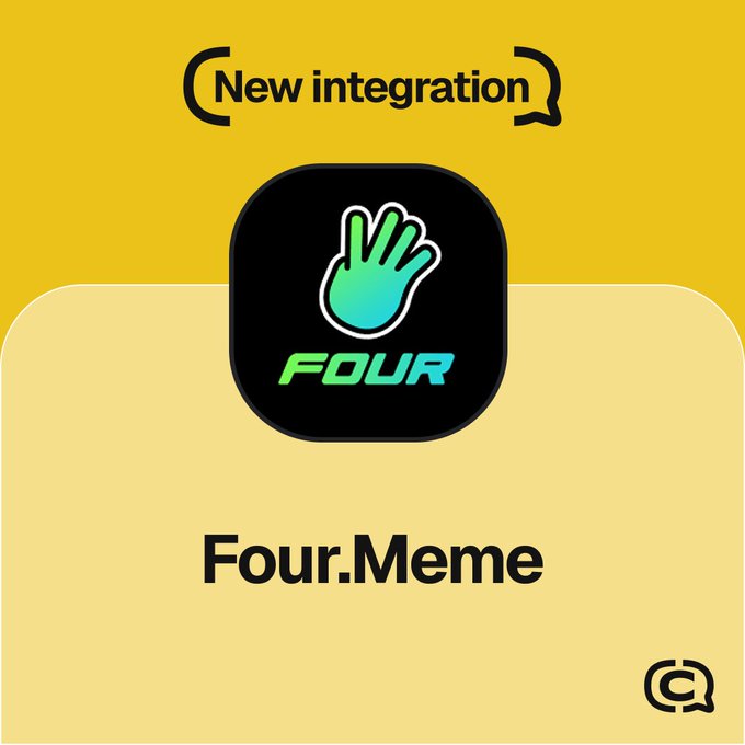 A promotional graphic on a yellow background announces a "New integration" with the Four.Meme app, featuring its black logo with a green waving hand and the word "FOUR." The text "Four.Meme" appears below the icon, highlighting the platform's new connection to Coin Communities.