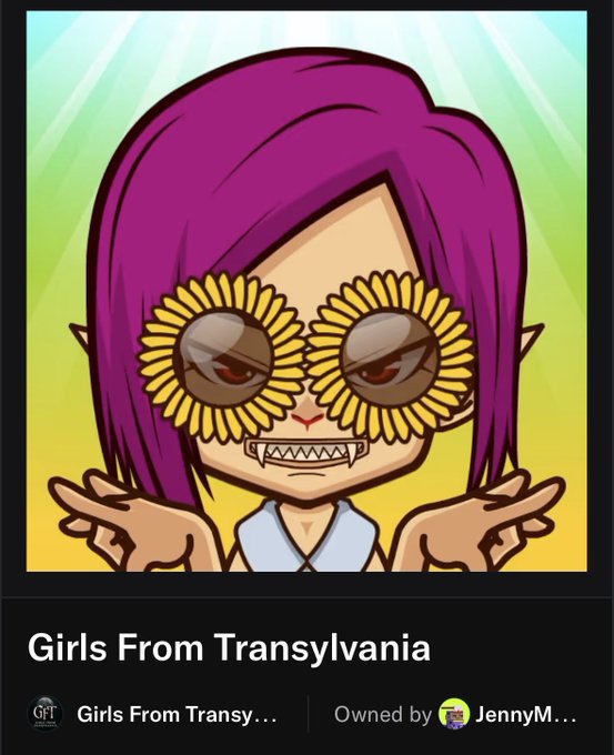 A digital NFT-style cartoon character with purple hair and sunflower-shaped sunglasses, labeled 'Girls From Transylvania' and 'Owned by JennyM...'.