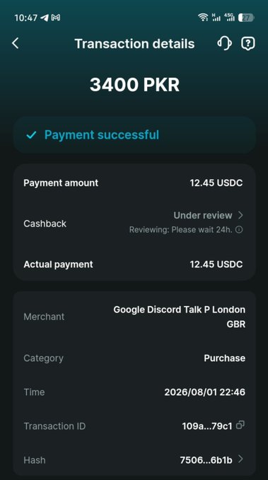 A Bitget Wallet Card transaction details screen showing a successful payment of 3400 PKR (12.45 USDC) for "Google Discord Talk P London GBR" with 3% cashback under review, corroborating the post's claim about the user's first crypto card purchase of Discord Nitro.