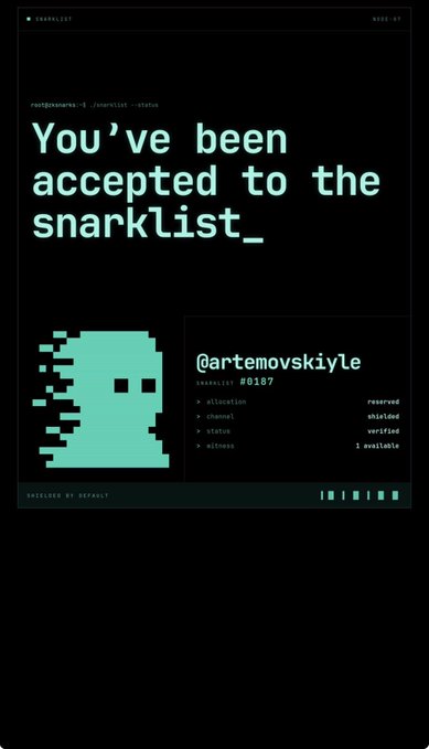 A digital graphic styled like a terminal screen announces "You've been accepted to the snarklist_" with the username "@artemovskiyle", "SNARKLIST #0187", and a pixelated teal ghost icon.