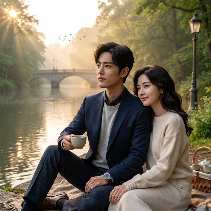 A digital artwork depicts a couple in an outdoor setting; a man in a blue blazer holds a small teacup while sitting on a picnic blanket next to a woman in a cream sweater.