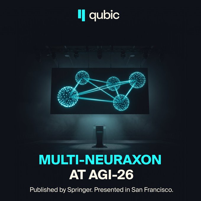 A promotional graphic for Qubic featuring 'MULTI-NEURAXON AT AGI-26' with text 'Published by Springer. Presented in San Francisco.' over a neural network display.