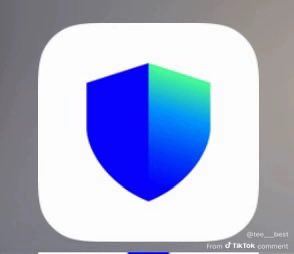 An app icon shows a stylized blue and teal shield design on a white rounded square background.
