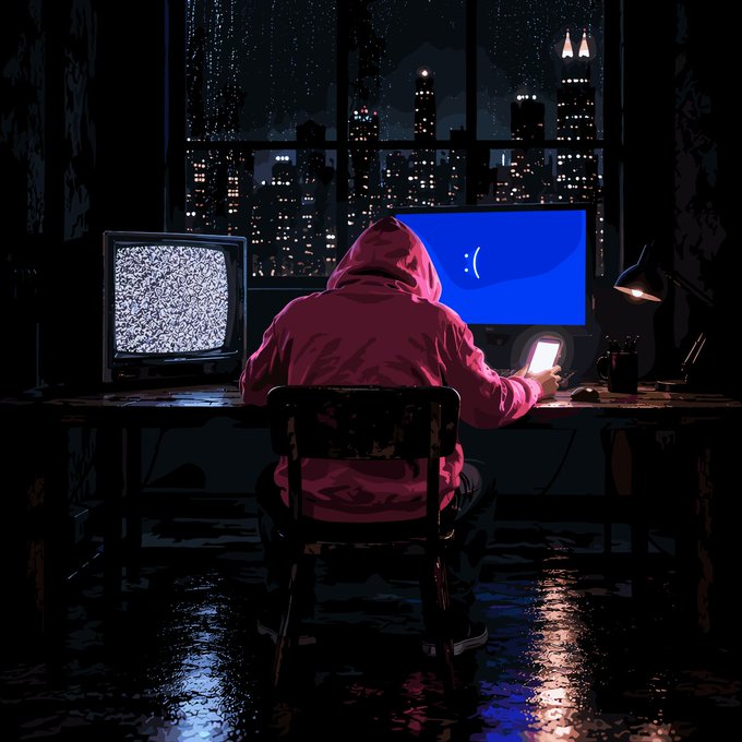 A digital illustration depicts a hooded figure in a pink sweatshirt sitting at a desk in a dark room, facing a TV with static and a glowing blue monitor displaying a simple smiley face, with a cityscape visible through the window behind them.