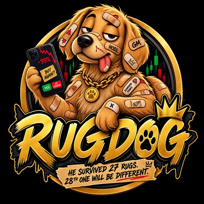 A meme illustration of a battered dog bandaged with band-aids labeled HODL, GM, and Diamond Paws, holding a phone showing -99% with 'Buy Again?' buttons, with text reading 'RUGDOG: He survived 27 rugs. 28th one will be different.'