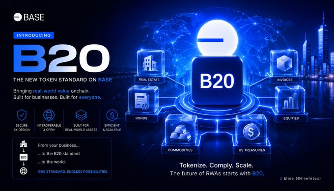 A promotional graphic for 'BASE' introducing 'B20' as 'THE NEW TOKEN STANDARD ON BASE' for real-world assets, featuring icons for real estate, invoices, bonds, equities, commodities, and US treasuries, credited to 'Elise (@hiwh1tex)'.