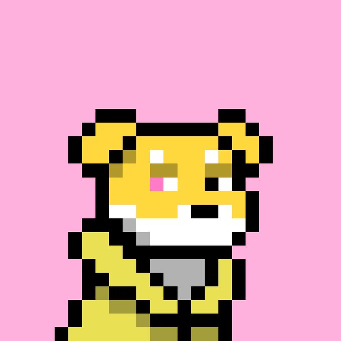 A pixelated yellow animal character with a pink nose and white chest set against a solid pink background.