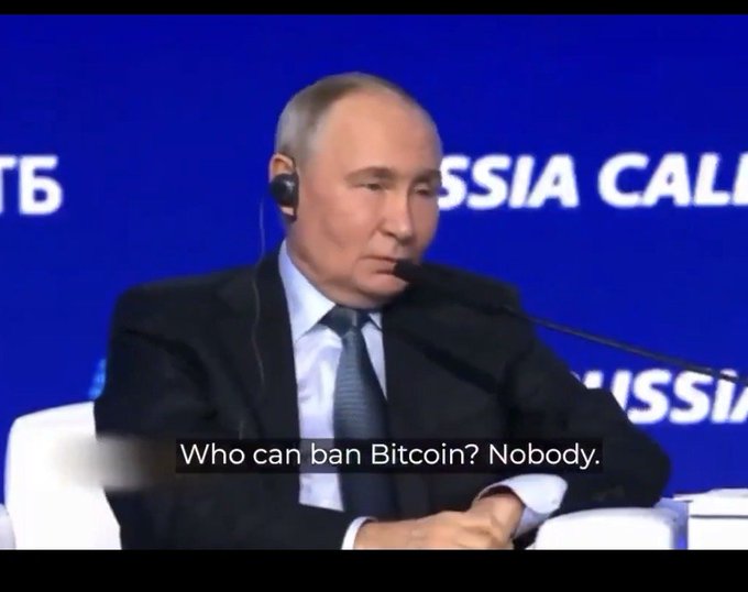 A photo of Vladimir Putin features a caption overlaying the image that reads, "Who can ban Bitcoin? Nobody." This directly supports the accompanying post's sentiment regarding the impossibility of banning cryptocurrency.