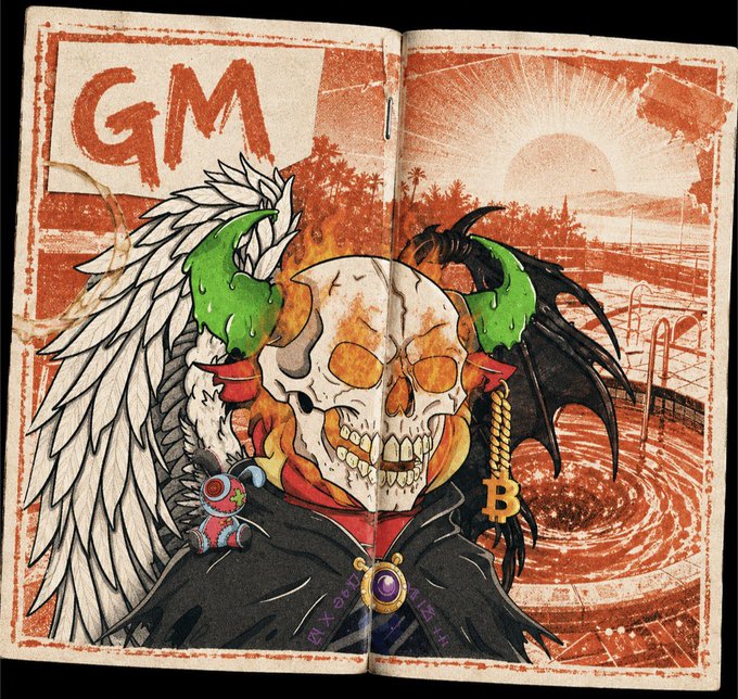 An illustration in an open book features a skull with white angel wings on one side and black bat wings with a gold Bitcoin keychain on the other, with the letters 'GM' in the upper left corner.