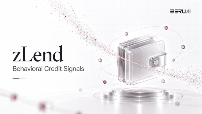 A sleek white promotional graphic for zLend 'Behavioral Credit Signals' featuring a 3D rendered silver wallet surrounded by orbiting data points and red particle streams.