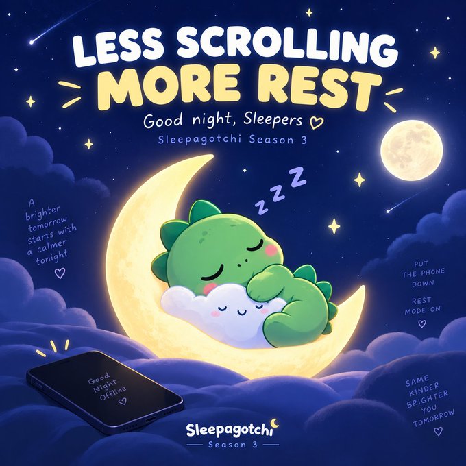 A promotional illustration titled "LESS SCROLLING MORE REST" for "Sleepagotchi Season 3" showing a green dinosaur-like character sleeping on a cloud on a crescent moon, with a phone displaying "Good Night Offline."