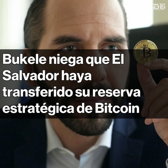 News-style graphic showing a man holding a Bitcoin coin, with Spanish text: "Bukele niega que El Salvador haya transferido su reserva estratégica de Bitcoin."
