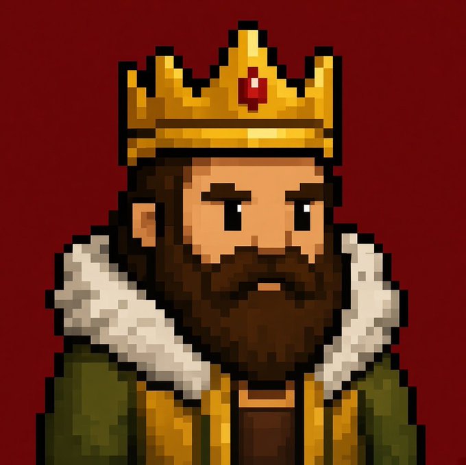 A pixel art illustration of a bearded king wearing a golden crown adorned with a red gem and a green robe with white fur trim.