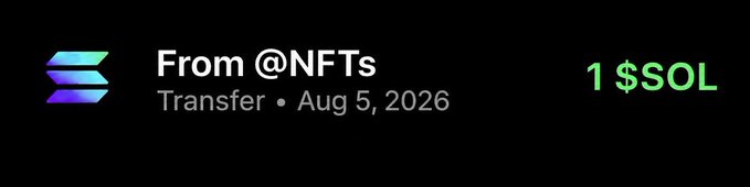 A transaction notification shows a transfer of 1 $SOL from @NFTs dated Aug 5, 2026, which appears to serve as visual evidence supporting the post's claim of sending $SOL to participants who drop their Solana wallets.