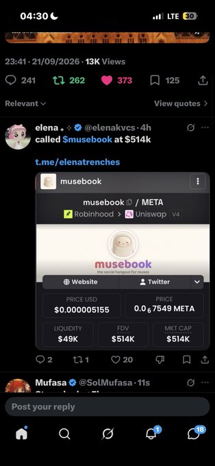 A mobile screenshot shows a post by @elenakvcs about '$musebook' being called at a $514k market cap, with a token card displaying a price of $0.000005155 and an FDV of $514K.