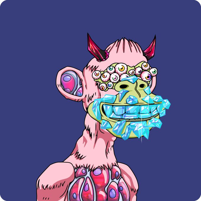 A digital illustration of a pink-furred ape character with multiple eyes, horns, and a mouth full of blue diamonds, with a visible chest cavity against a blue background.