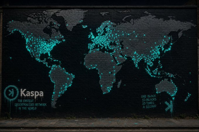 A dark mural of a world map on a brick wall with teal dots highlighting regions, featuring the logo and text 'Kaspa' and 'THE FASTEST DECENTRALIZED NETWORK IN THE WORLD' on the left, and 'ONE BLOCK 10 BLOCKS 10 TIMES A SECOND' on the right.