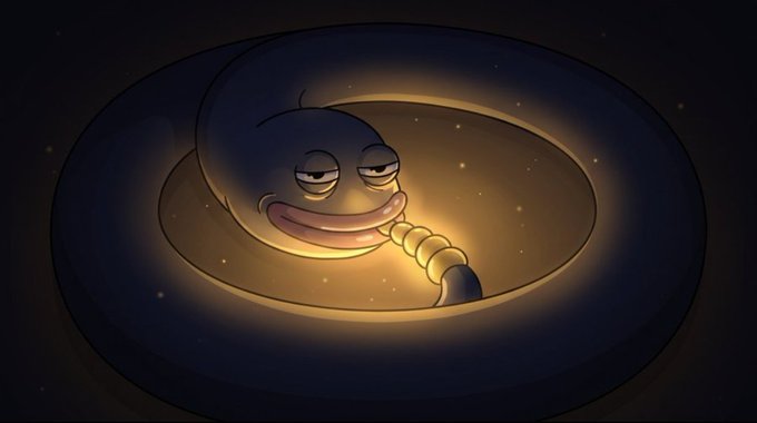 A cartoon illustration of a snake with a sleepy, content expression coiled inside a dark circular nest with a glowing golden center.