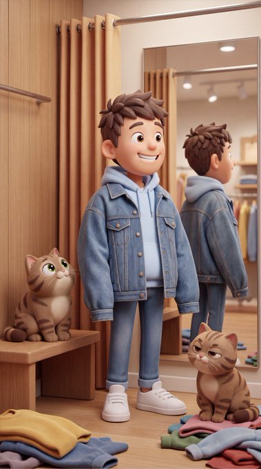 A cartoon-style boy in a denim jacket tries on clothes in a dressing room while surrounded by curious cats, whimsically illustrating the "trying on" of new NFT mints featured in the day's minting schedule.