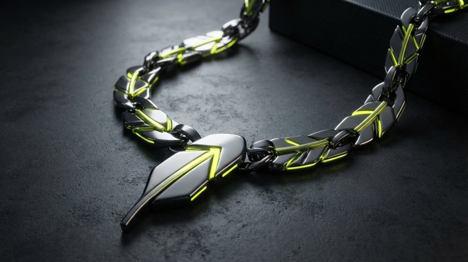 3D-rendered futuristic necklace with black and silver geometric links accented by glowing neon yellow lines, featuring a sharp angular pendant displayed on a dark surface.