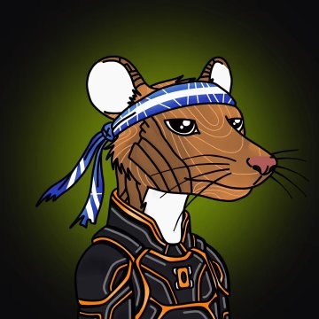 A digital illustration of an anthropomorphic mouse character with brown fur wearing a blue and white headband and black armor.
