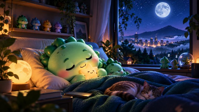 A cozy bedroom scene featuring cute plush dinosaur toys on a bed, with a sleeping cat nearby and a window view of a moonlit city skyline.