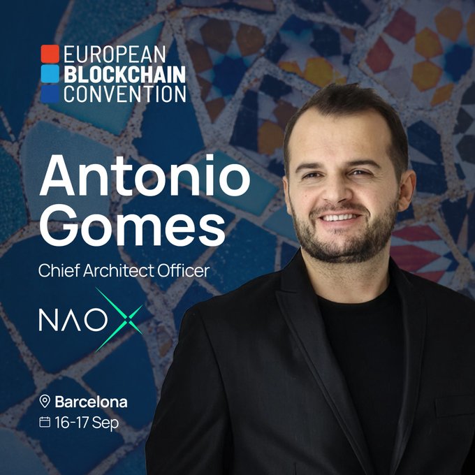 Promotional graphic for the European Blockchain Convention featuring Antonio Gomes, Chief Architect Officer at NAO, with event details noting Barcelona on 16-17 September. The image supports the post by identifying him as the speaker attendees should look for to discuss post-quantum blockchain topics.