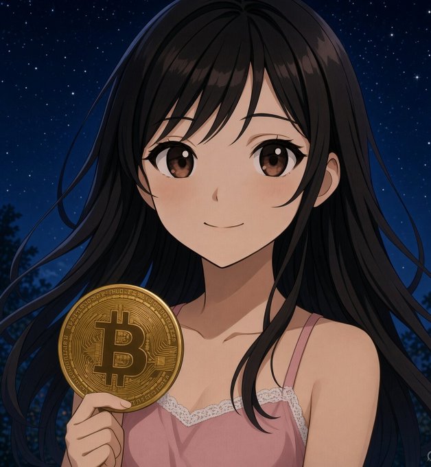 An anime-style illustration of a smiling young woman with long black hair, wearing a pink camisole, holding a gold Bitcoin against a starry night sky.