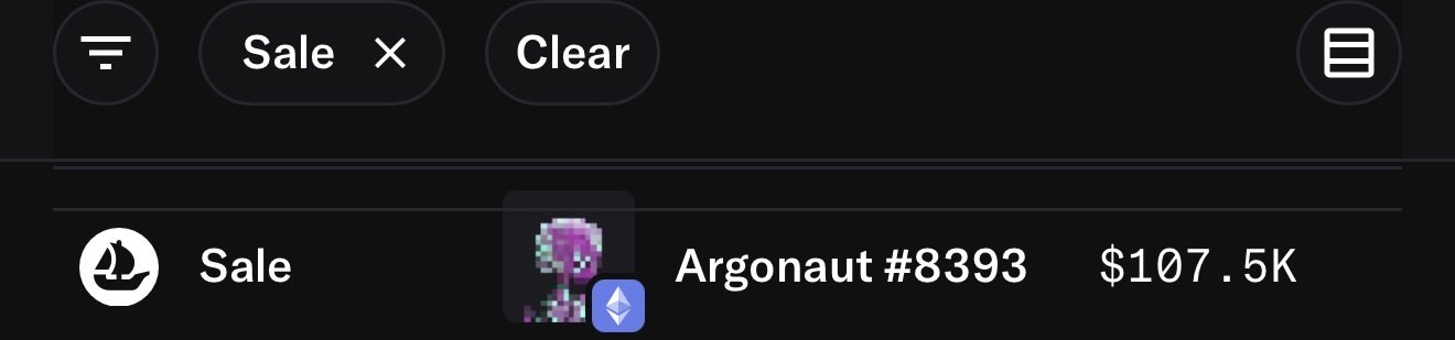 A dark-mode NFT marketplace interface showing a single sale listing for 'Argonaut #8393' with a pixelated purple character icon priced at $107.5K on what appears to be Solana.