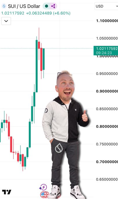 A TradingView candlestick chart for SUI/US Dollar shows the price at 1.02117592 (+6.60%), with a superimposed image of a smiling man in a two-tone jacket giving a thumbs-up.