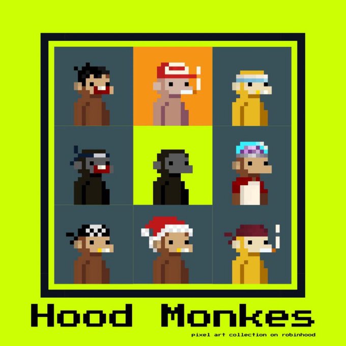 A pixel art collection titled "Hood Monkes" displayed on a bright lime-green background, featuring a 3x3 grid of nine distinct monkey characters with various hoods and accessories, with the text "pixel art collection on robinhood" beneath the title.