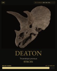A digital poster showcasing a Triceratops prorsus skull fossil labeled "DEATON" and "STRCHI" on a black background.