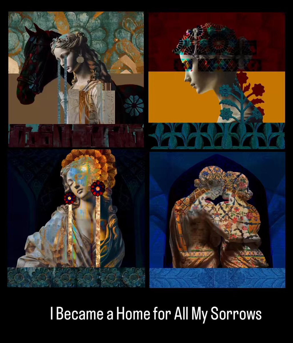The image features a collection of four distinct artworks that are part of an album titled "I Became a Home for All My Sorrows". The artworks include a painting with a woman, a sculpture depicting a horse, another painting featuring a woman wearing earrings, and a collage made up of various images. These pieces come together to create a visually striking and thought-provoking collection that explores themes of love, loss, and the human experience.