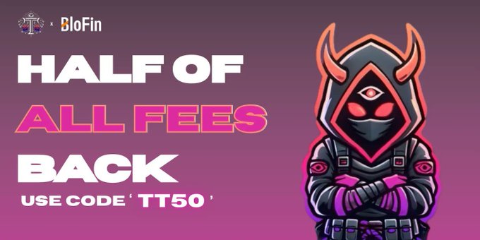 A purple promotional banner for BloFin featuring a hooded mascot and the text “HALF OF ALL FEES BACK” and “USE CODE ‘TT50’.”